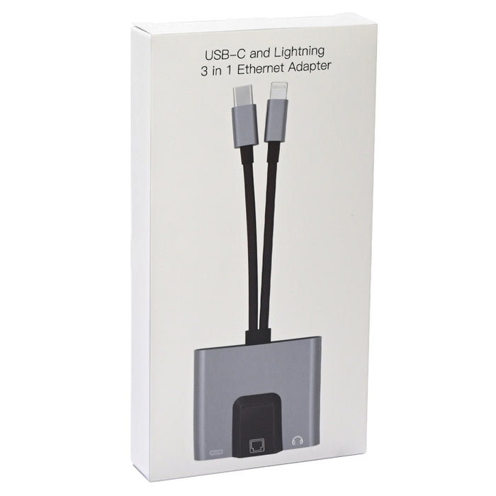 NK-1056Pro 3 en 1 8 pines + USB-C / Type-C macho a carga de 8 pines + Ethernet + adaptador hembra para auriculares de 3,5 mm