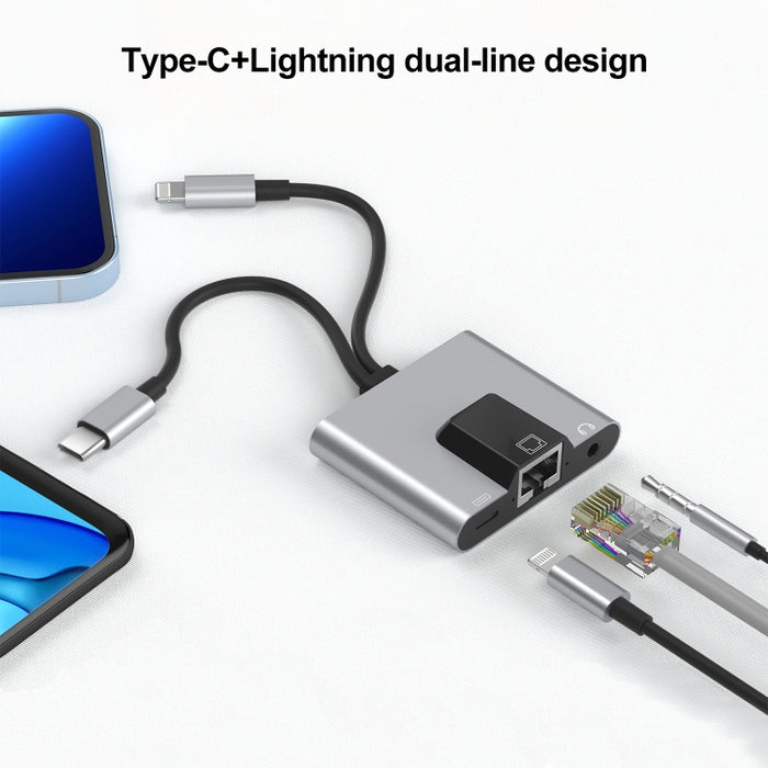 NK-1056Pro 3 en 1 8 pines + USB-C / Type-C macho a carga de 8 pines + Ethernet + adaptador hembra para auriculares de 3,5 mm