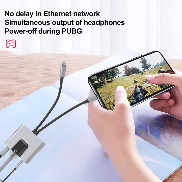 NK-1056Pro 3 en 1 8 pines + USB-C / Type-C macho a carga de 8 pines + Ethernet + adaptador hembra para auriculares de 3,5 mm