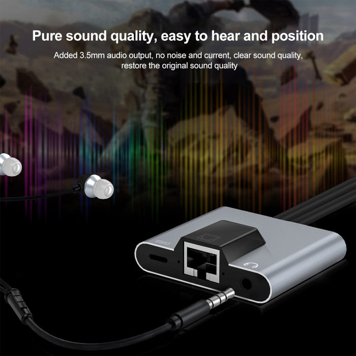 NK-1056Pro 3 en 1 8 pines + USB-C / Type-C macho a carga de 8 pines + Ethernet + adaptador hembra para auriculares de 3,5 mm