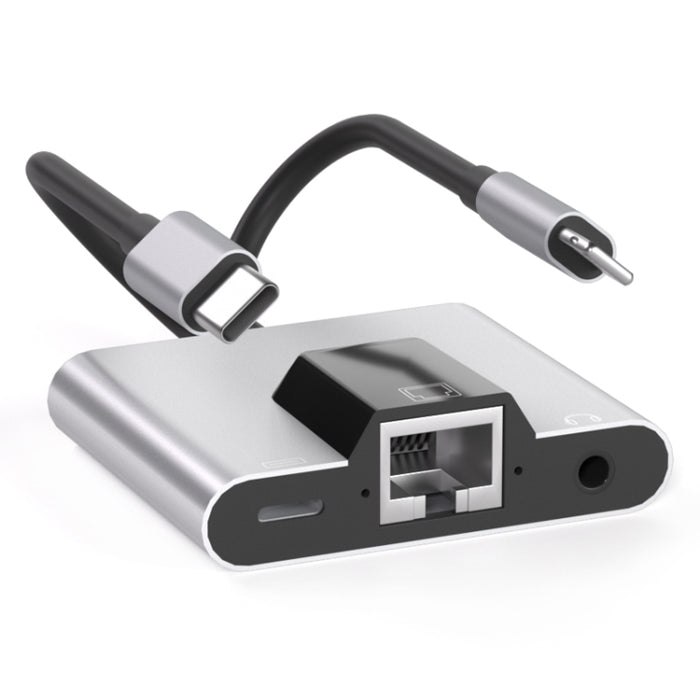 NK-1056Pro 3 en 1 8 pines + USB-C / Type-C macho a carga de 8 pines + Ethernet + adaptador hembra para auriculares de 3,5 mm
