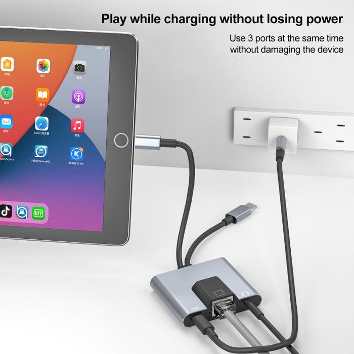 NK-1056Pro 3 en 1 8 pines + USB-C / Type-C macho a carga de 8 pines + Ethernet + adaptador hembra para auriculares de 3,5 mm