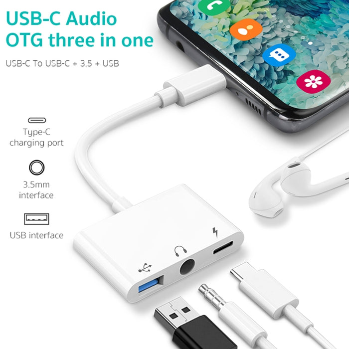 Adaptador OTG 3 en 1 USB-C / Type-C macho a Type-C + USB + hembra de 3,5 mm
