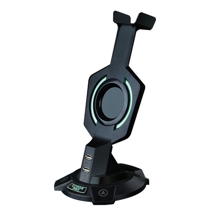 R-008-02 Soporte para auriculares integrado luminoso en forma de mecha con dos puertos USB e interruptor de computadora
