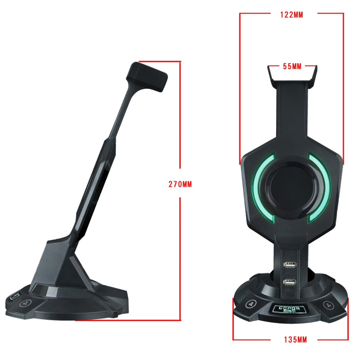 R-008-02 Soporte para auriculares integrado luminoso en forma de mecha con dos puertos USB e interruptor de computadora