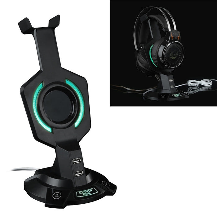 R-008-02 Soporte para auriculares integrado luminoso en forma de mecha con dos puertos USB e interruptor de computadora