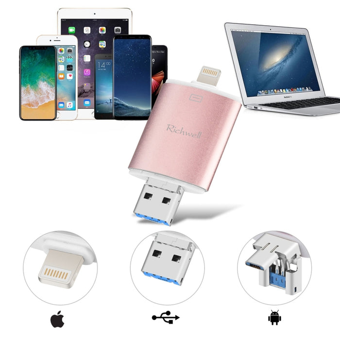 Richwell 3 en 1 64G Type-C + 8 Pin + USB 3.0 Disco flash push-pull de doble cubierta de metal con función OTG
