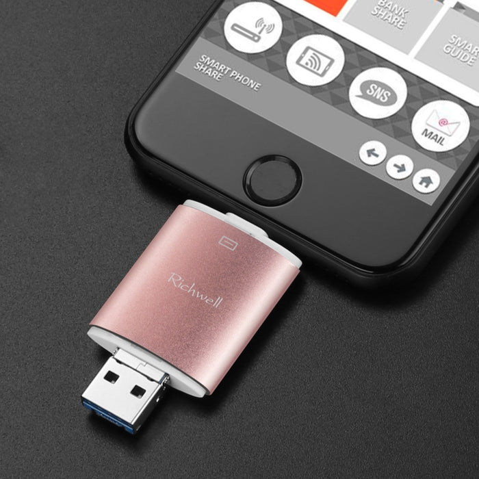 Richwell 3 en 1 32G Type-C + 8 Pin + USB 3.0 Disco flash push-pull de doble cubierta de metal con función OTG