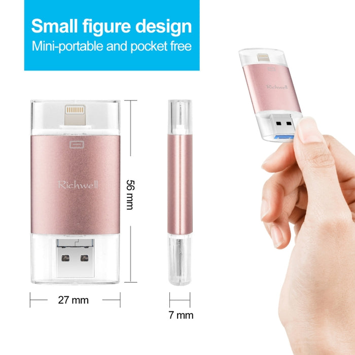 Richwell 3 en 1 16G Type-C + 8 Pin + USB 3.0 Disco flash push-pull de doble cubierta de metal con función OTG