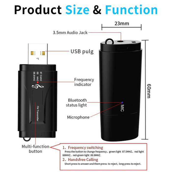 MSD128 2 en 1 transmisor FM de llamada manos libres Bluetooth para coche USB con interfaz AUX de 3,5 mm
