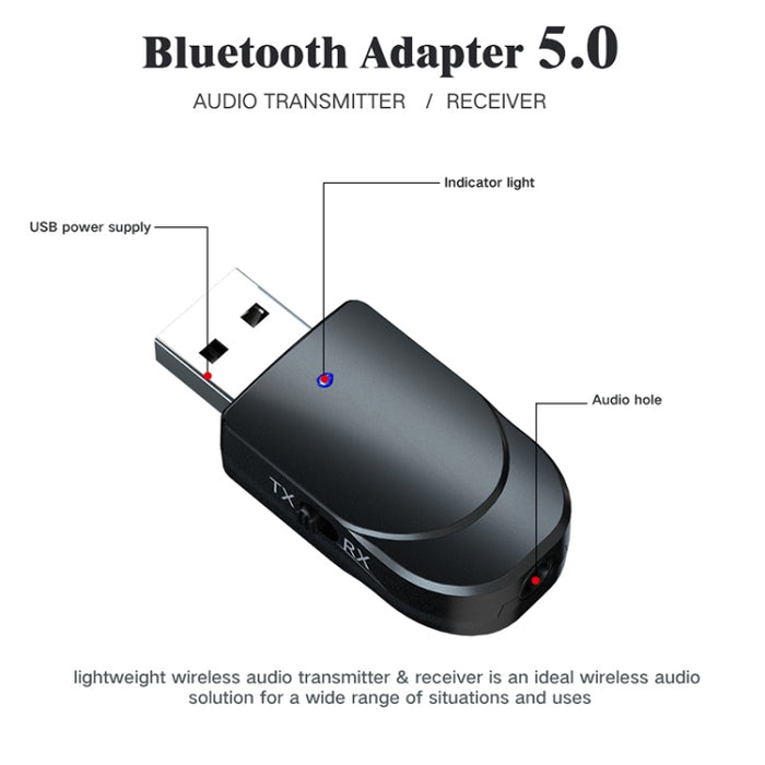 KN330 3 en 1 Adaptador USB Bluetooth 5.0 Receptor y transmisor de audio con botón de interruptor e interfaz AUX de 3,5 mm