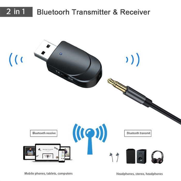KN330 3 en 1 Adaptador USB Bluetooth 5.0 Receptor y transmisor de audio con botón de interruptor e interfaz AUX de 3,5 mm
