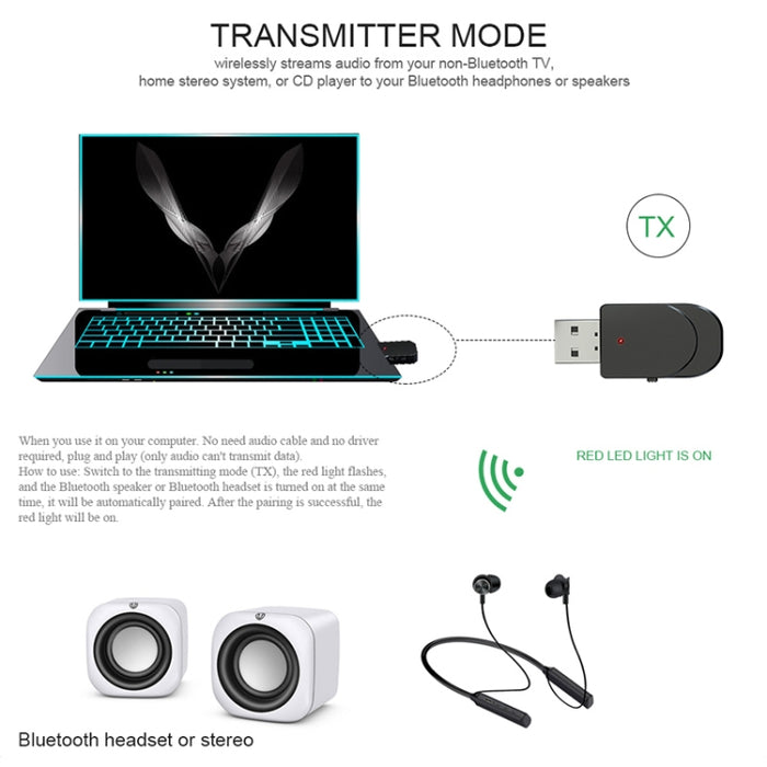 KN330 3 en 1 Adaptador USB Bluetooth 5.0 Receptor y transmisor de audio con botón de interruptor e interfaz AUX de 3,5 mm