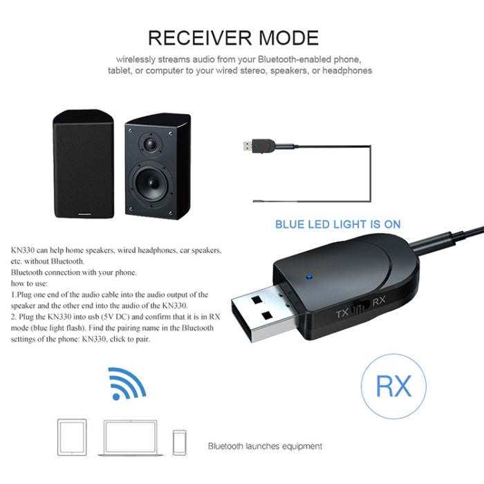 KN330 3 en 1 Adaptador USB Bluetooth 5.0 Receptor y transmisor de audio con botón de interruptor e interfaz AUX de 3,5 mm