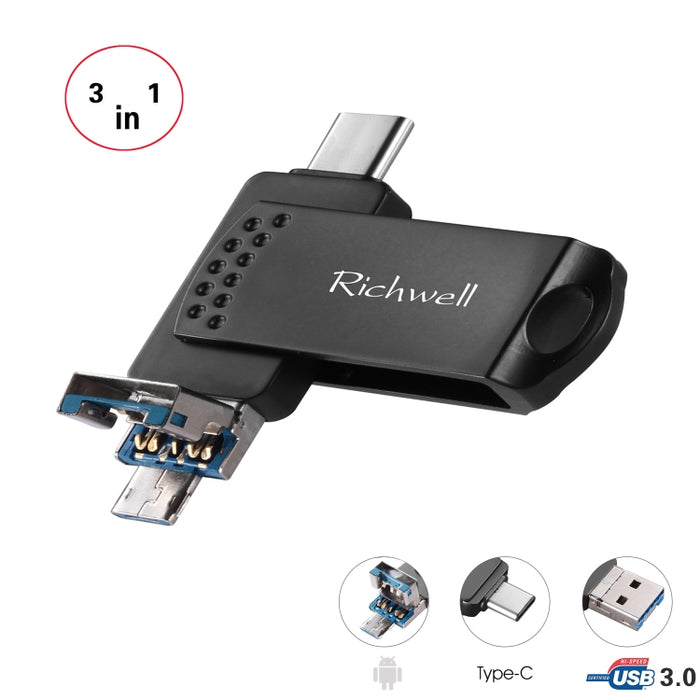 Richwell 3 en 1 16G Type-C + Micro USB + USB 3.0 Disco flash de metal con función OTG