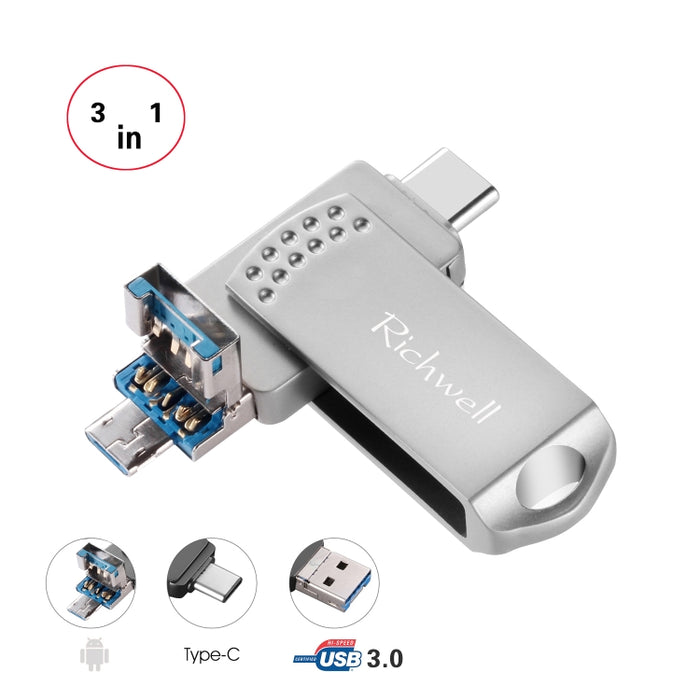 Richwell 3 en 1 32G Type-C + Micro USB + USB 3.0 Disco flash de metal con función OTG