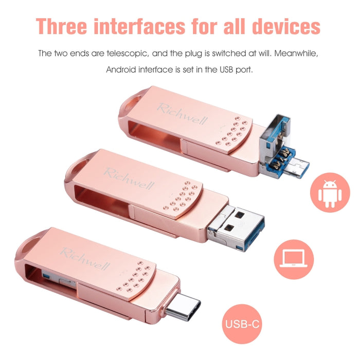 Richwell 3 en 1 128G Type-C + Micro USB + USB 3.0 Disco flash de metal con función OTG