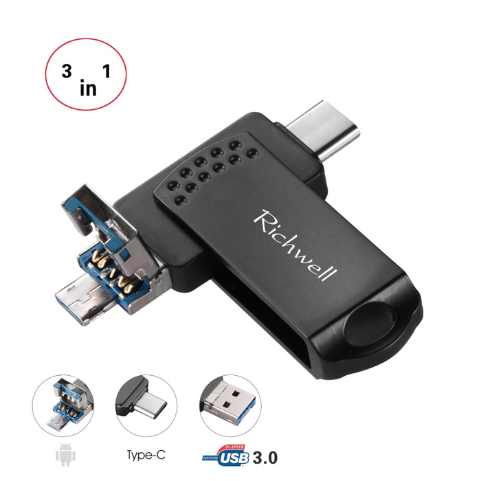Richwell 3 en 1 128G Type-C + Micro USB + USB 3.0 Disco flash de metal con función OTG