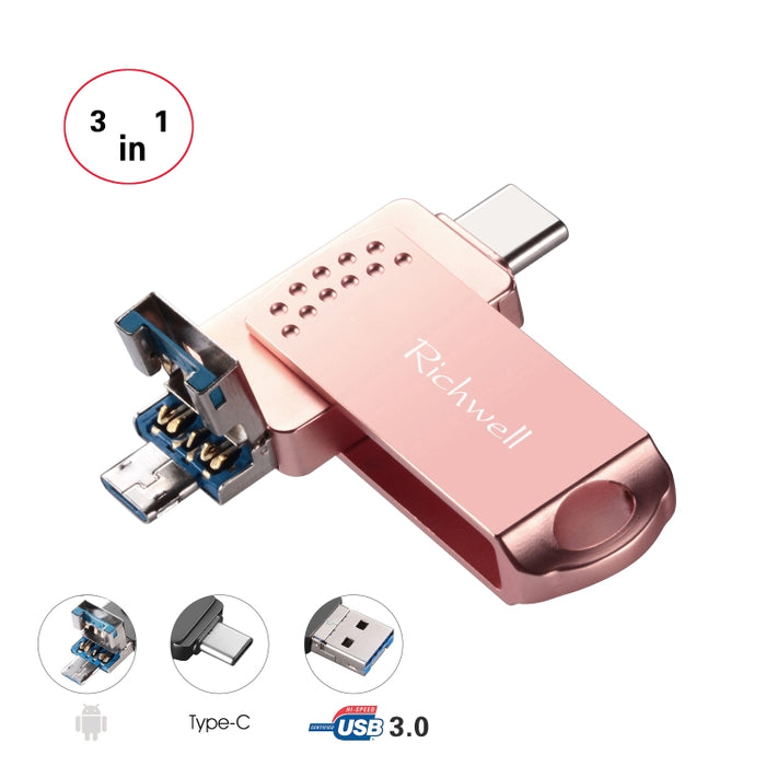 Richwell 3 en 1 128G Type-C + Micro USB + USB 3.0 Disco flash de metal con función OTG