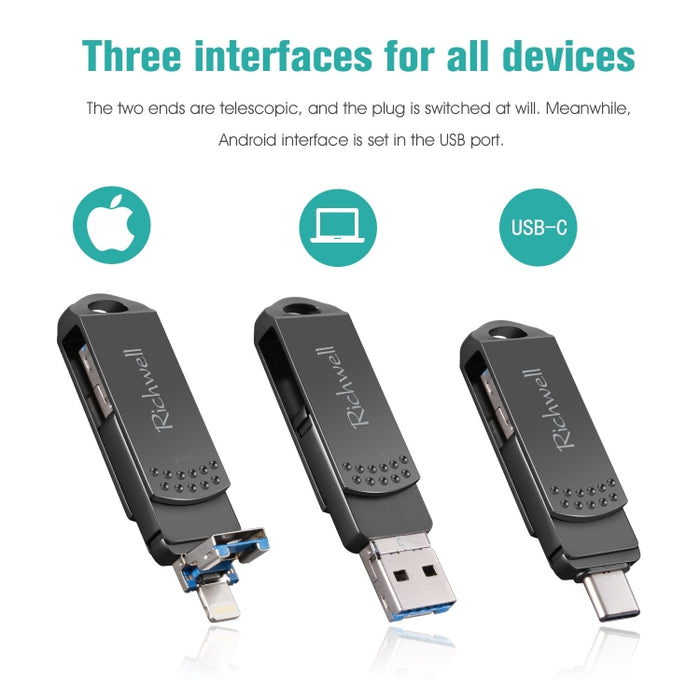 Disco flash push-pull de metal Richwell 16G Type-C + 8 pines + USB 3.0 con función OTG