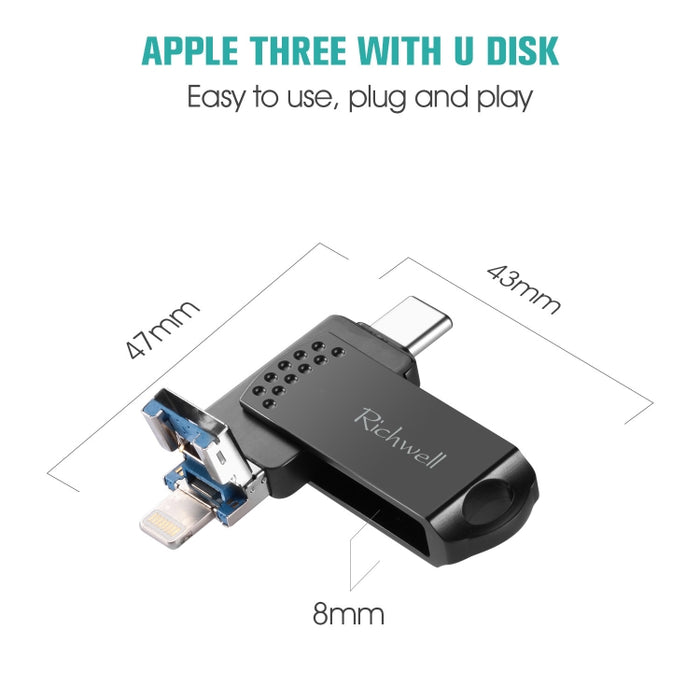 Disco flash push-pull de metal Richwell 16G Type-C + 8 pines + USB 3.0 con función OTG