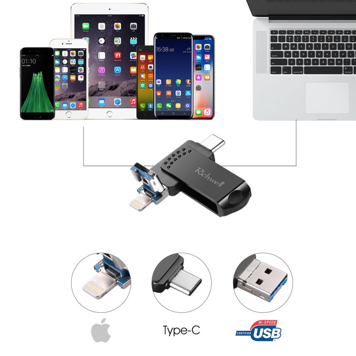 Disco flash push-pull de metal Richwell 16G Type-C + 8 pines + USB 3.0 con función OTG
