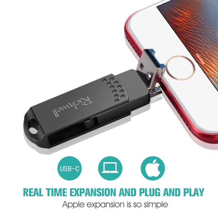 Disco flash push-pull de metal Richwell 16G Type-C + 8 pines + USB 3.0 con función OTG