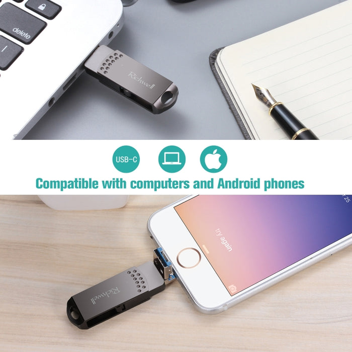 Disco flash push-pull de metal Richwell 16G Type-C + 8 pines + USB 3.0 con función OTG