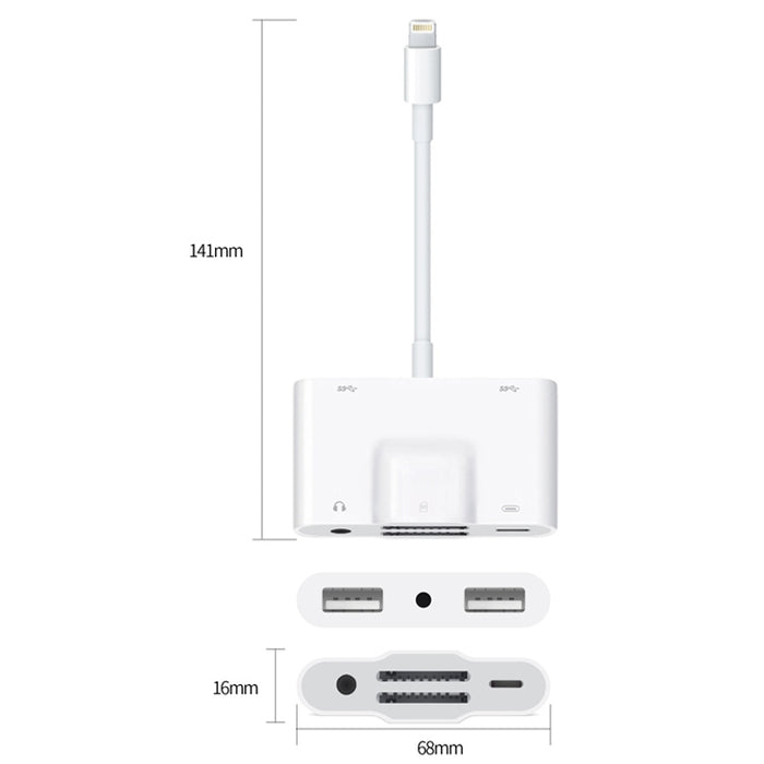 NK-1042 6 en 1 8 pines macho a USB dual + tarjeta SD dual + interfaz de audio de 3,5 mm + interfaz de carga de 8 pines adaptador de cámara de puerto hembra