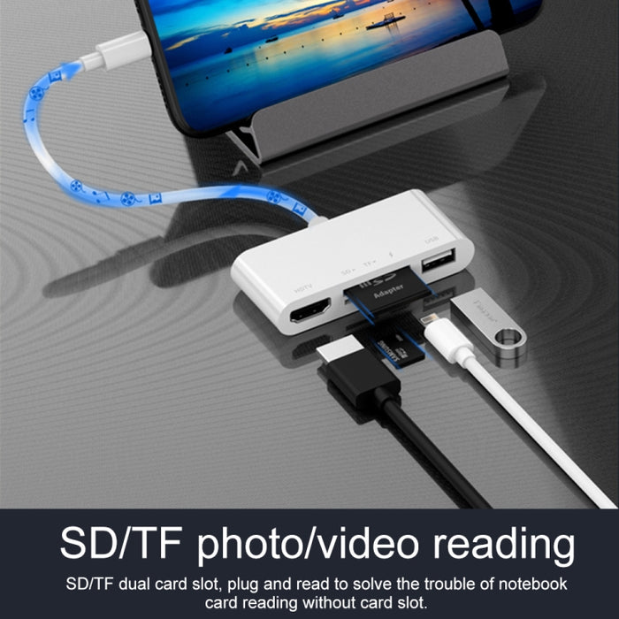75215 5 en 1 8 pines a HDMI + ranura para tarjeta SD + ranura para tarjeta TF + USB + puerto de carga de 8 pines Convertidor de video HD