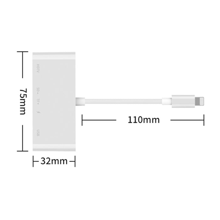 75215 5 en 1 8 pines a HDMI + ranura para tarjeta SD + ranura para tarjeta TF + USB + puerto de carga de 8 pines Convertidor de video HD