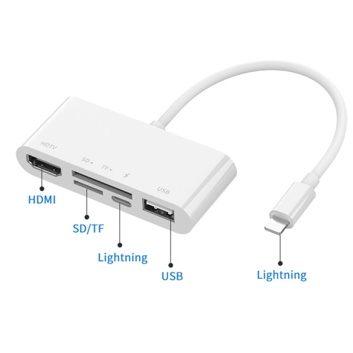 75215 5 en 1 8 pines a HDMI + ranura para tarjeta SD + ranura para tarjeta TF + USB + puerto de carga de 8 pines Convertidor de video HD