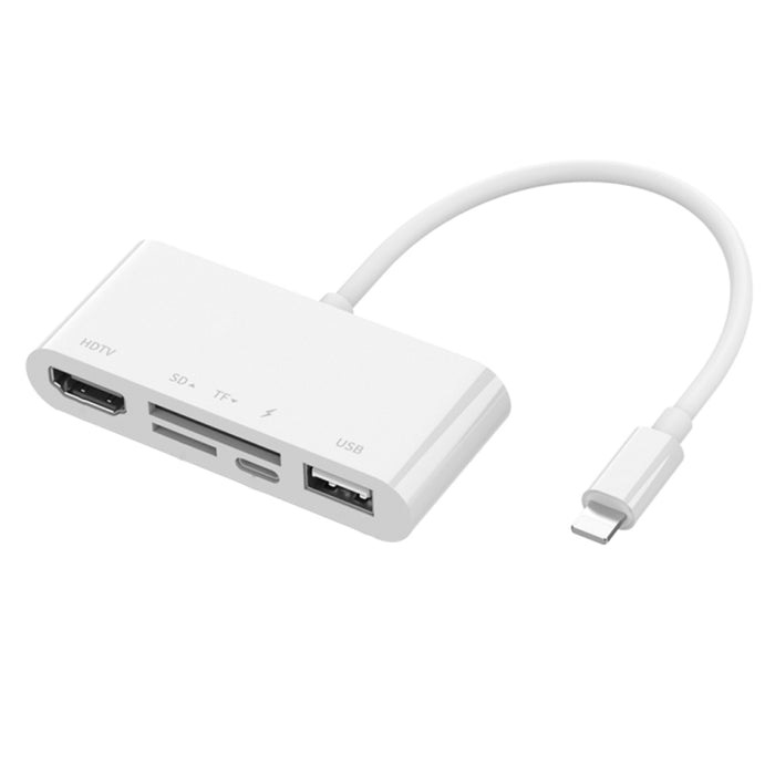 75215 5 en 1 8 pines a HDMI + ranura para tarjeta SD + ranura para tarjeta TF + USB + puerto de carga de 8 pines Convertidor de video HD