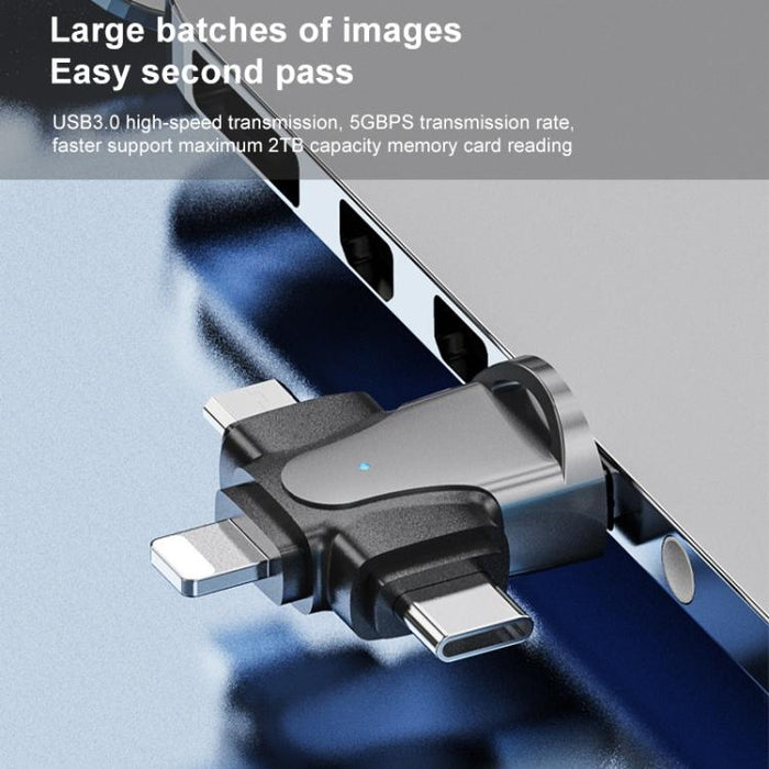 Lector de tarjetas TF macho 4 en 1 de 8 pines + USB-C / Type-C + Micro USB + USB 3.0