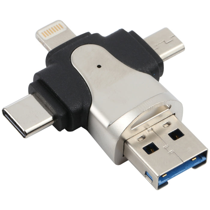 Lector de tarjetas TF macho 4 en 1 de 8 pines + USB-C / Type-C + Micro USB + USB 3.0