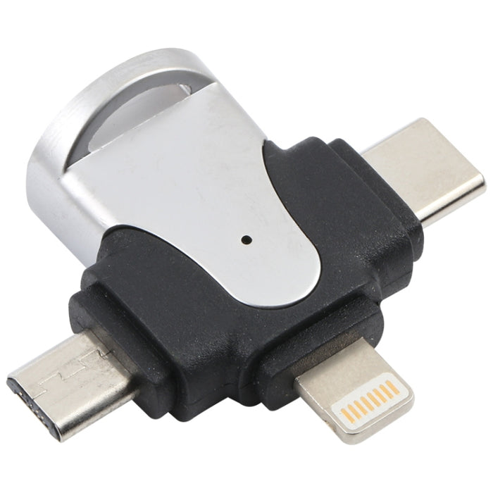 Adaptador 3 en 1 de 8 pines + USB-C / Type-C + Micro USB macho a USB 3.0 hembra de aleación de zinc