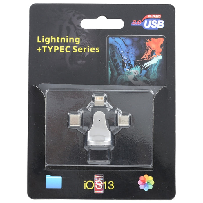Adaptador 3 en 1 de 8 pines + USB-C / Type-C + Micro USB macho a USB 3.0 hembra de aleación de zinc
