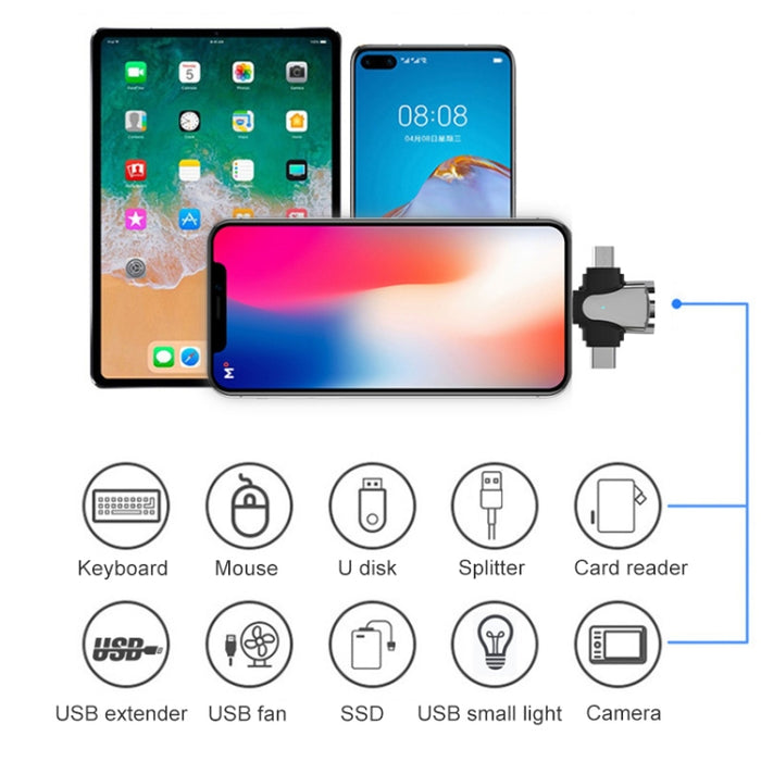 Adaptador 3 en 1 de 8 pines + USB-C / Type-C + Micro USB macho a USB 3.0 hembra de aleación de zinc