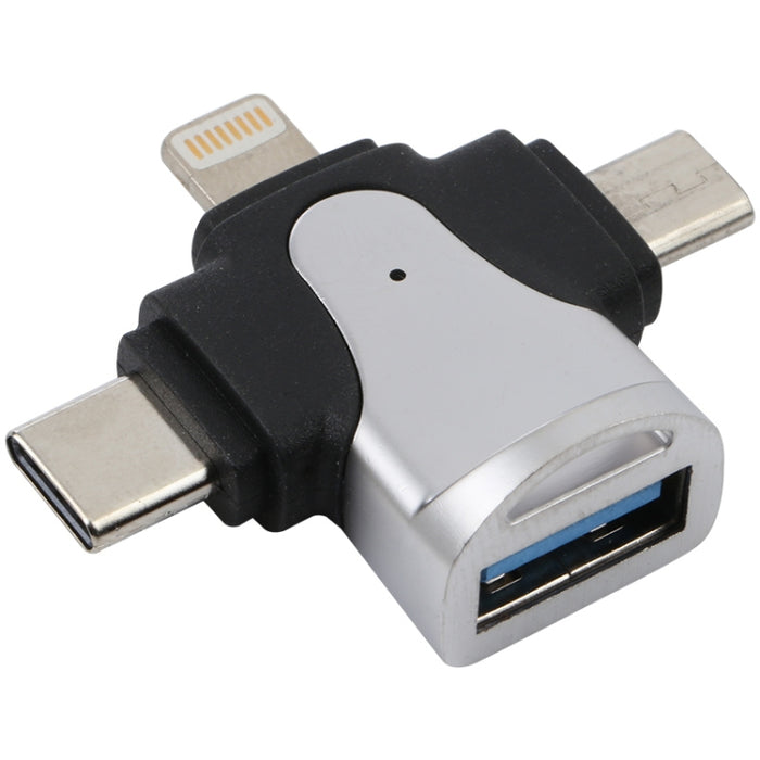 Adaptador 3 en 1 de 8 pines + USB-C / Type-C + Micro USB macho a USB 3.0 hembra de aleación de zinc