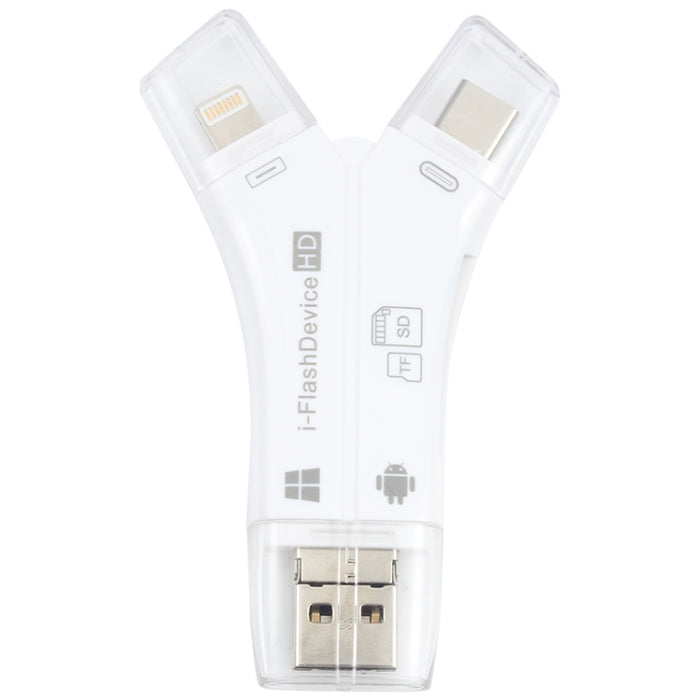 NK-908 Lector de tarjetas TF / SD en forma de Y i-Flash 4 en 1 para dispositivos de 8 pines + USB-C / Type-C + Micro USB + USB