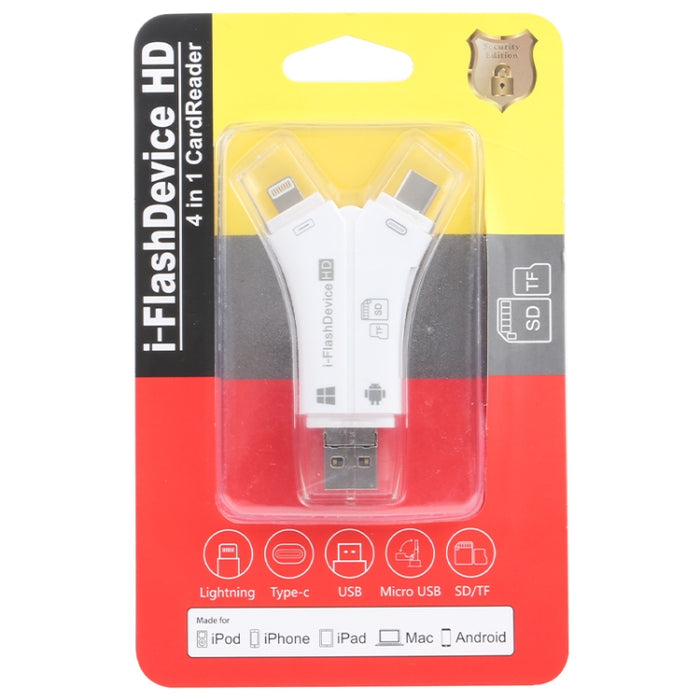 NK-908 Lector de tarjetas TF / SD en forma de Y i-Flash 4 en 1 para dispositivos de 8 pines + USB-C / Type-C + Micro USB + USB
