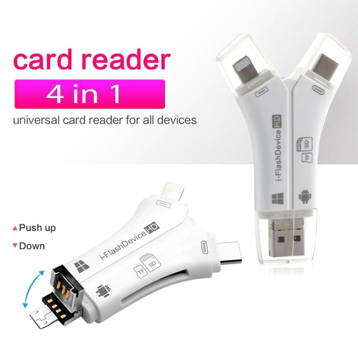 NK-908 Lector de tarjetas TF / SD en forma de Y i-Flash 4 en 1 para dispositivos de 8 pines + USB-C / Type-C + Micro USB + USB