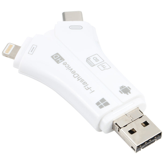 NK-908 Lector de tarjetas TF / SD en forma de Y i-Flash 4 en 1 para dispositivos de 8 pines + USB-C / Type-C + Micro USB + USB