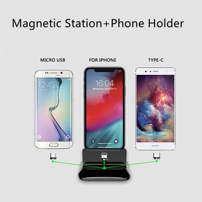 XBX-02 3 en 1 8 pines + USB-C / Type-C + Base de carga magnética con enchufe micro USB