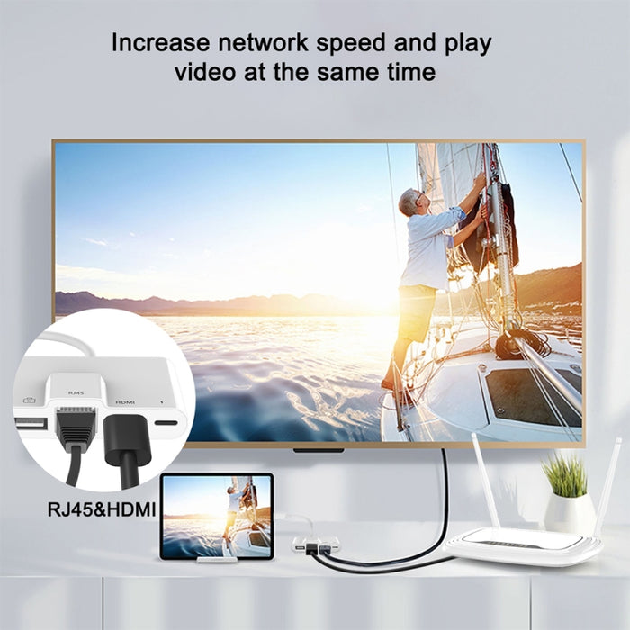 4 en 1 8 pines macho a 8 pines de alimentación + RJ45 Ethernet + HDMI + USB Cámara hembra OTG Adaptador AV digital