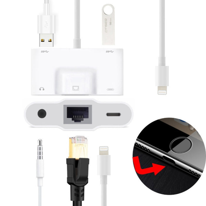 NK-1033 5 en 1 Macho de 8 pines a USB dual + AUX de 3,5 mm + Ethernet + Adaptador hembra de alimentación de 8 pines