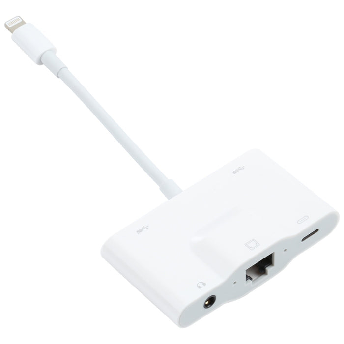 NK-1033 5 en 1 Macho de 8 pines a USB dual + AUX de 3,5 mm + Ethernet + Adaptador hembra de alimentación de 8 pines