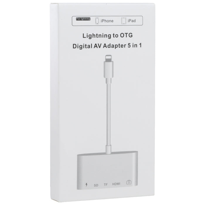 5 en 1 8 pines macho a USB + HDMI + ranura para tarjeta TF / SD + adaptador AV digital OTG hembra de 8 pines