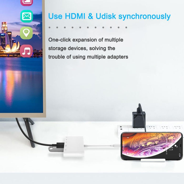 5 en 1 8 pines macho a USB + HDMI + ranura para tarjeta TF / SD + adaptador AV digital OTG hembra de 8 pines