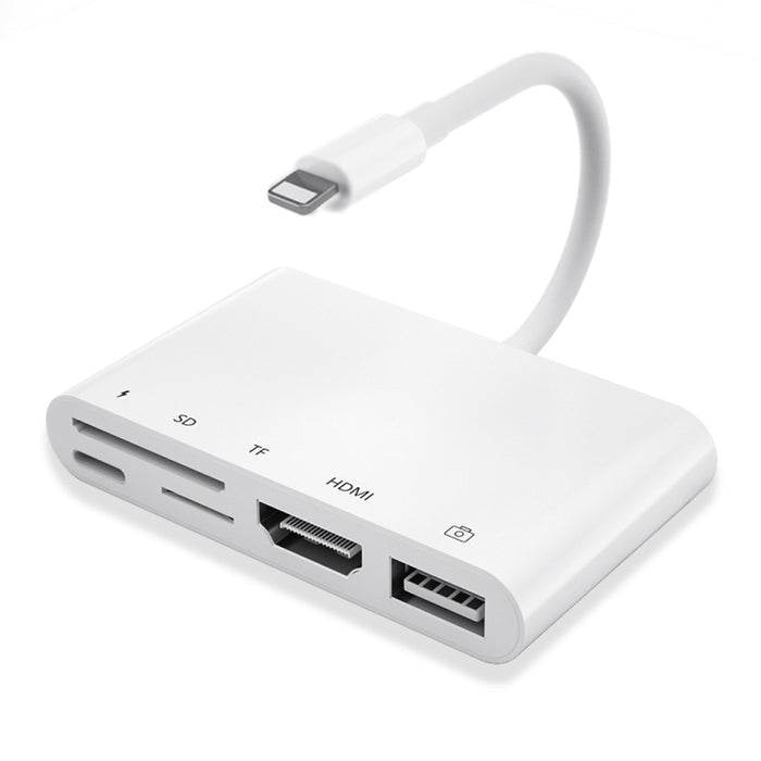 5 en 1 8 pines macho a USB + HDMI + ranura para tarjeta TF / SD + adaptador AV digital OTG hembra de 8 pines